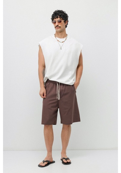 Vamos Basic Oversize Keten Şort Kahve
