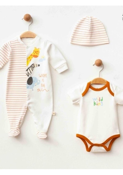 Zekids 3 Lü Organik Bebek Safari Desenli Şapkalı Tulum Seti-16187 Çok Renkli
