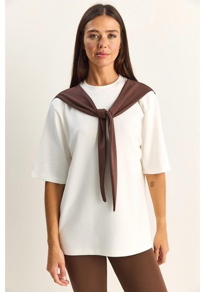 Shade Kadın Şal Detaylı Oversize Basic T-shirt 1094 60286118 - Beyaz-kahve Beyaz - Kahverengi