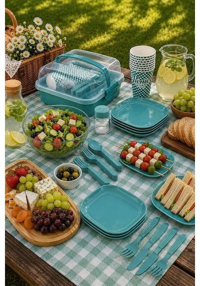 Titiz Lovely 32 Parça 6 Kişilik Piknik Seti Bpa Free Kapaklı Taşınabilir Piknik Sepeti Çok Renkli