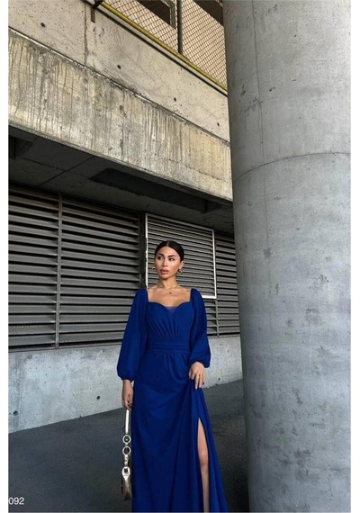 Lior Design Kadın Bohem Saten Kumaş Kare Yaka Maxi Abiye Elbise Saks