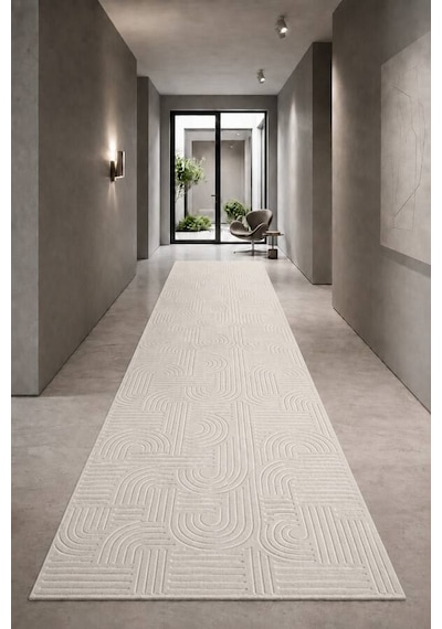 Krem Modern Desenli Kaymaz Tabanlı Rulo Yolluk Halı 3017n11