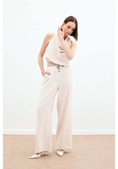 Sateen Örgü Kemerli Pantolon - Bej-136169 Bej