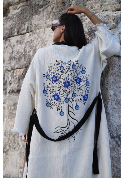 Befera Müslin Kimono Pamuklu Nazar Boncuk Baskılı Desenli Bornoz Kaftan Sabahlık Ekru