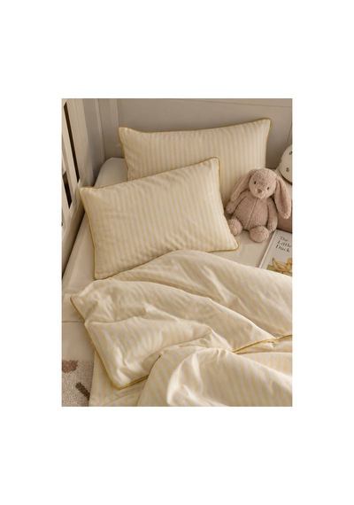 H&c Bebek Nevresim Takımı Keten Dokulu 4 Parça Biyeli Çizgili Beşik 100x150 Cm Nevresim Seti Çarşaf Sarı Krem Çizgili -sarı Biyeli