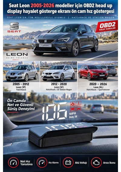 Seat Leon 2005-2026 Modeller İçin Obd2 Head Up Display Hayalet Gösterge Ekranı Ön Cam Hız Göstergesi