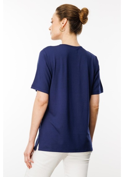 Kadın Açma Yaka Dantel Çiçek İşlemeli Penye T-shirt Lacivert Lacivert
