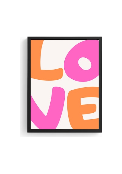Doğal Ahşap Çerçeveli Pop Art Love Tablo - Pembe Turuncu Yazı Huhu2211