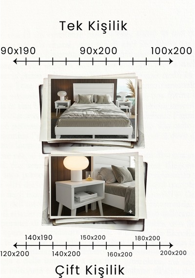 Hüma Yatay Başlıklı Masif Ahşap Karyola Ve 2 Adet Beyaz 100x200