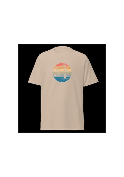 Wildstyle Retro Balık Gün Batımı Vintage Balıkçılık Deniz Baskılı Unisex Bisiklet Yaka Pamuklu Tişört Camel