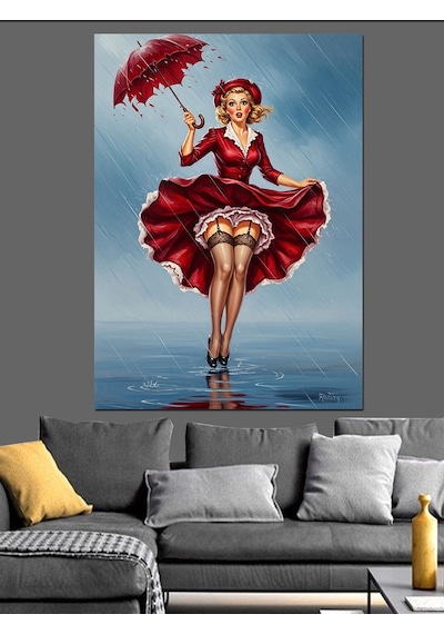 Ahşap Tablo Kırmızı Elbiseli Pinup Kızı