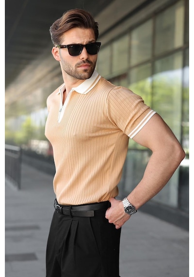 Madmext Gold Yarım Fermuarlı Polo Yaka Triko Erkek Tişört E7501 Altın