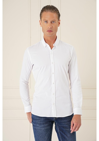 Efor Slim Fit Düğmeli Yaka Esnek Pamuk Klasik Beyaz Gömlek Gk 727 Beyaz