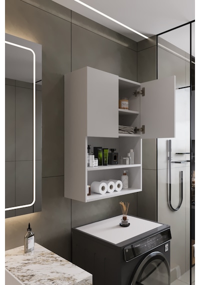Deniz Modern Banyo Dolabı 2 Kapaklı Raflı Düzenleyici Çok Amaçlı Beyaz