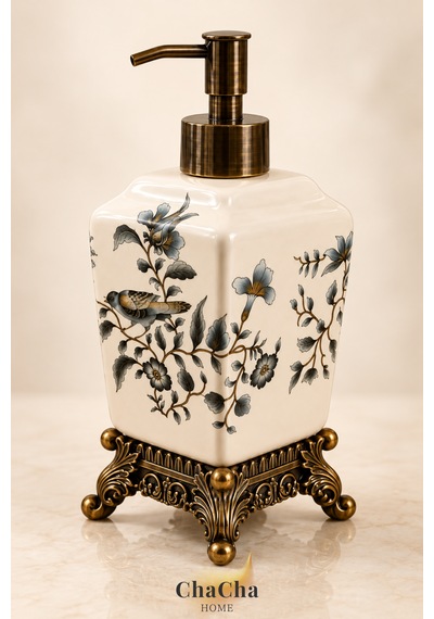 Chacha Home Aurelia Seramik Sıvı Sabunluk 470 Ml Antik Bronz Görünümlü Ayaklı Ve Pompalı 22 Cm Açık Gri