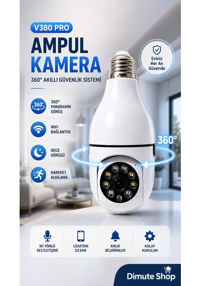 V380 Pro Ampul Kamera 360 Wifi Güvenlik Kamerası Gece Görüşlü Hareket Sensörlü