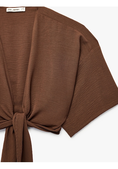 Koton Kısa Kollu Kruvaze Yaka Bağlamalı Crop Oversize Kimono Kahverengi 6sal50004ıw Kahve