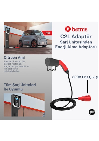 Bemis C2l Charger To Load Elektrikli Araç Şarj Uyumlu Tekli Uzatma Fişli Adaptör 3 Metre 3.7 Kw