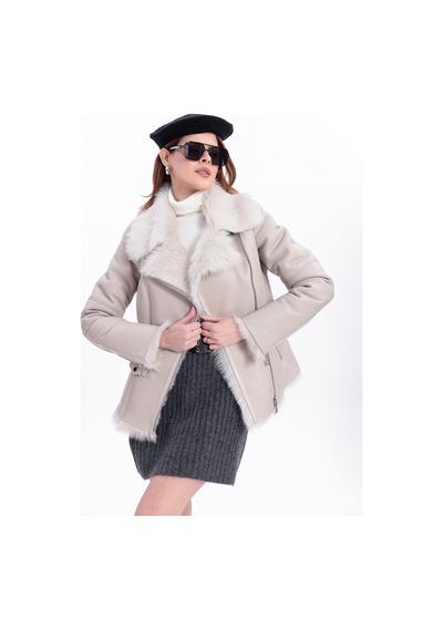 M M Marki Marki Hakiki Deri Mont, İçi Hakiki Kürklü, Bej Renk Kadın Mont, Fit Lüks Model