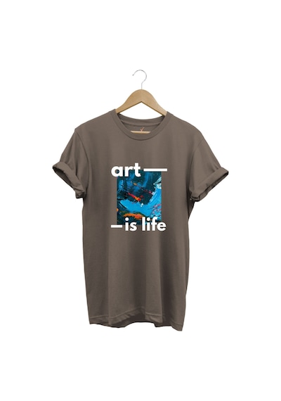 Sanatsal Renkli Tasarım Baskılı Art İs Life Yazılı %100 Pamuk Regular Fit Unisex T-shirt Kahverengi