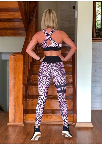 Lismina Bacağı Ve Beli Siyah Şeritli Leopar Desen Spor Tayt Mor