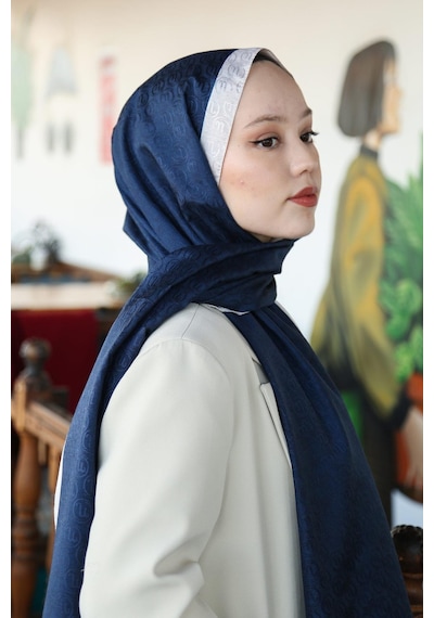 Premium Lux Original Monogram Şal İpek Vual, Yüksek Kalite, Hafif, Rahat, Şık, Tesettür, Shawl Lacivert Krem Şeritli