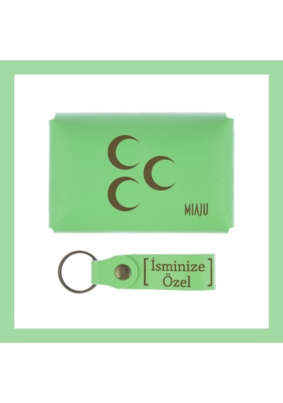 Miaju Fıstık Yeşil, Üç Hilal Desenli, İsme Özel Cüzdan Ve Anahtarlık Set, Mükemmel Hatıra Aksesuar Takım Fıstık Yeşil