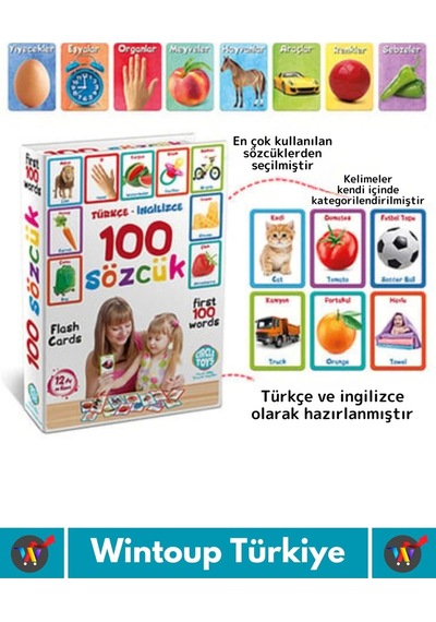 Özel Üretim Çocuk Hafıza Zeka Koordinasyon Geliştirici Eğitici İngilizce Türkçe İlk 100 Sözcük Kart
