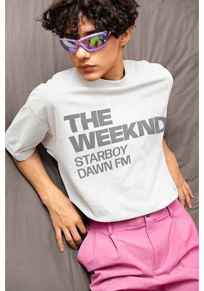 Sevbano The Weeknd Starboy Dawn Fm Baskılı Unisex Oversize Rapper Tişört Beyaz