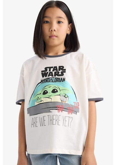 DeFacto Kız Çocuk Star Wars-Mandalorian Relax Fit Bisiklet Yaka Ribana Kısa Kollu Tişört E0478A825SPER99 Ekru