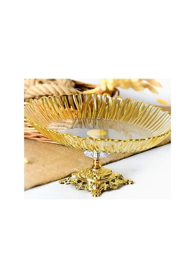 Elta Collection Aurora Oval Gold Ayaklı Cam Servis Tabağı Sunumluk 25 35 Cm Ayaklı Tabak Sarı
