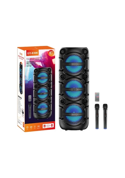 Gy-8306 Çift Karaoke Kablosuz Mikrofonlu Speaker Şarjlı Taşınabilir Hoparlör Bluetooth Fm Radyo Hafıza Kartı Ve Usb Girişli Tws Özellikli Ses Sistemi Partybox Ses Bombası