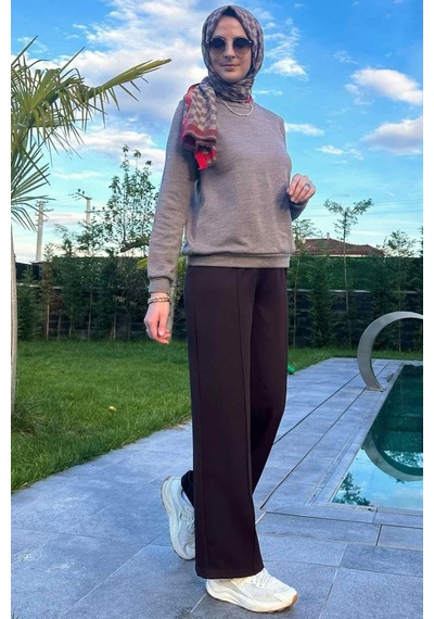 Rabia Şamlı Acı Kahve Nervürlü Bol Paça Pantolon Normal