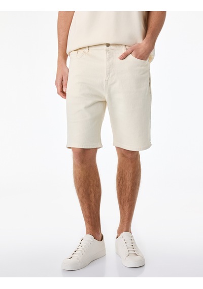 Koton Normal Bel Pamuklu Bermuda Straight Fit Jean Şort Ekru 6sam40387nd