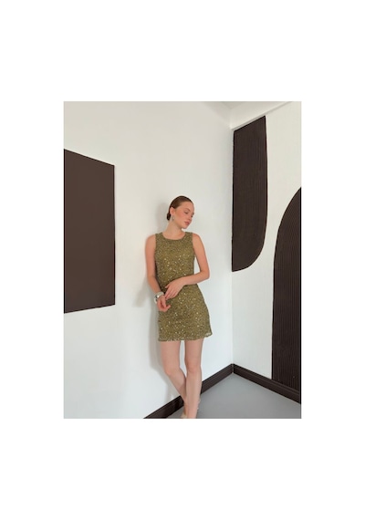 Verymoda Pullu Sıfır Kol Elbise D3120 Haki