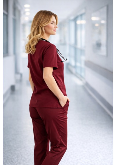 Likralı Hemşire Doktor Forması Premium Belinda Soft Kumaş Scrubs Hastane Üniforması Cerrahi Takım Bordo