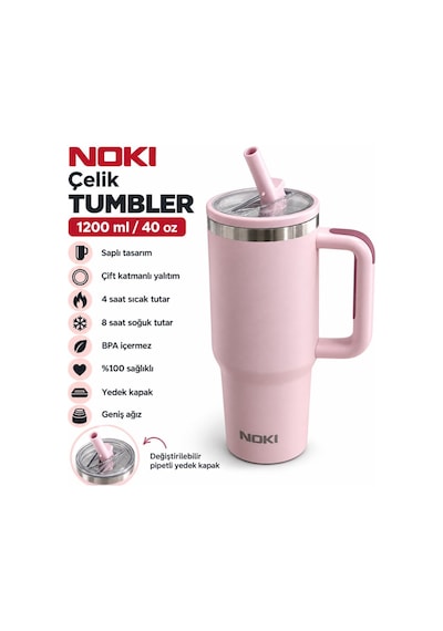 Nokı T-0137 1200 Ml Paslanmaz Çelik Tumbler Termos Bardak, Pipetli Yedek Kapaklı, Saplı Pembe