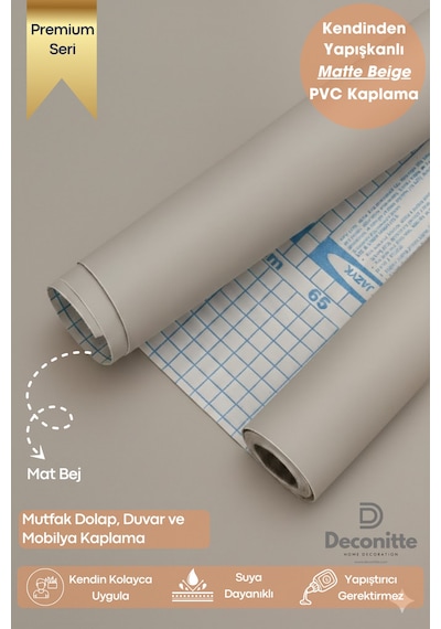 Deconitte Premium Kendinden Yapışkanlı Mat Bej Renk Pvc Mobilya Dolap Tezgah Duvar Kaplama Dekoratif 60x100cm