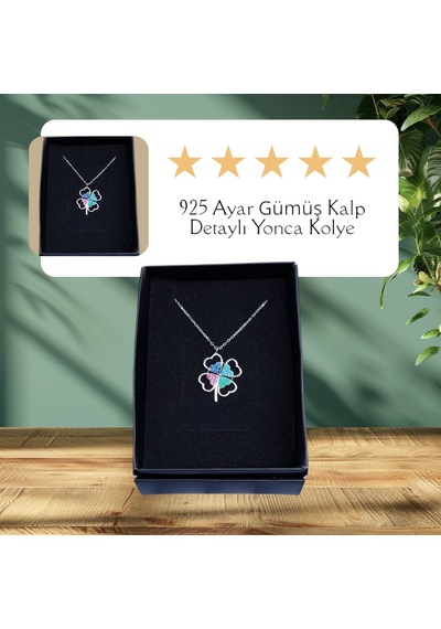 925 Ayar Gümüş Kalp Detaylı Yonca Kolye Gümüş - Rodyum