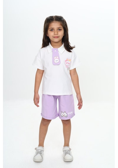Toontoy Kids Toontoy Kız Çocuk Polo Yaka Göğsü Baskılı Şortlu Takım Lila