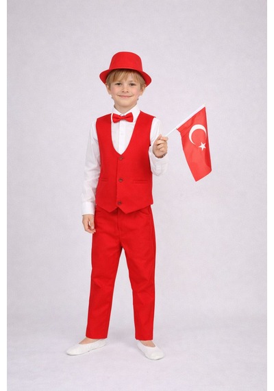 Erkek Çocuk Yelekli Takım Likralı Pantalon Uzun Kol Gömlek Kırmızı