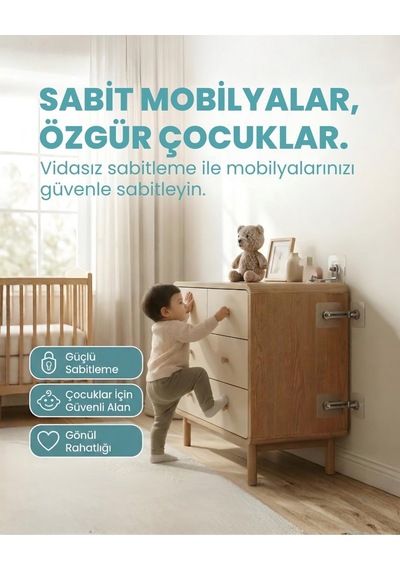 Güvenli Adımlar - Çocuk ve Deprem Güvenliği İçin Vidasız Mobilya Sabitleyici Devrilme Önleyici Dolap Sabitl Çok Renkli