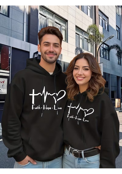 Nevermind Faith Hope Love Baskılı Hoodie Unisex Kapüşonlu Sweatshirt Çift Kombini 2'li Set Takım Siyah