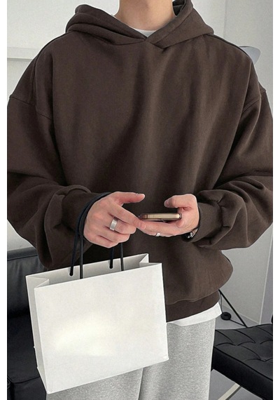 Tarz Cool Erkek Kapüşonlu Oversize Sweatshirt Kahverengi