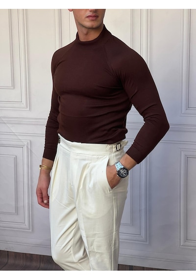 Modefendi Slimfit Kalıp Pamuklu Triko Yarım Balıkçı Triko Kazak Kahverengi