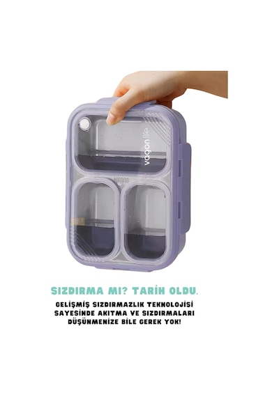 Vagonlife Bento 620ml Lunchbox Tek Katlı 3 Bölmeli Çelik Sefer Tası Yemek Kutusu Turkuaz Çok Renkli