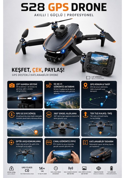 S28 Gps Drone Çift Kamera 5g Wi-fi 360 Engel Algılama Ekranlı Kumanda Katlanabilir Profesyonel Drone