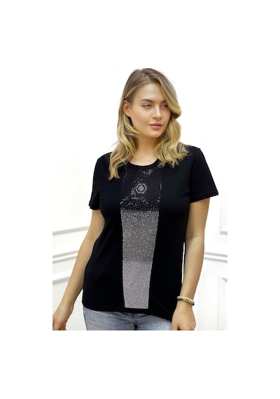 Rich Glam Bisiklet Yaka Crystal Taşlı Büyük Beden Plus Size Pamuk Şık Rahat Siyah Kadın T-shirt Siyah