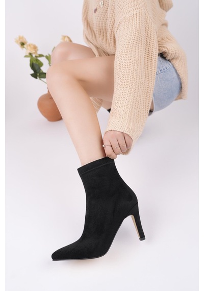 Nesilshoes Nesil Shoes Uraz 420 Siyah Süet Fermuarlı İnce Topuklu Kadın Bot