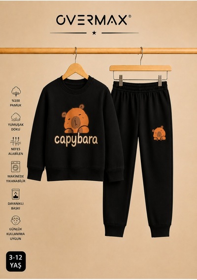 Overmax Capybara Baskılı Unisex Tasarım Çocuk Eşofman Takımı 3-12 Yaş Siyah Üst- Siyah Alt - 916006437 Siyah Üst- Siyah Alt